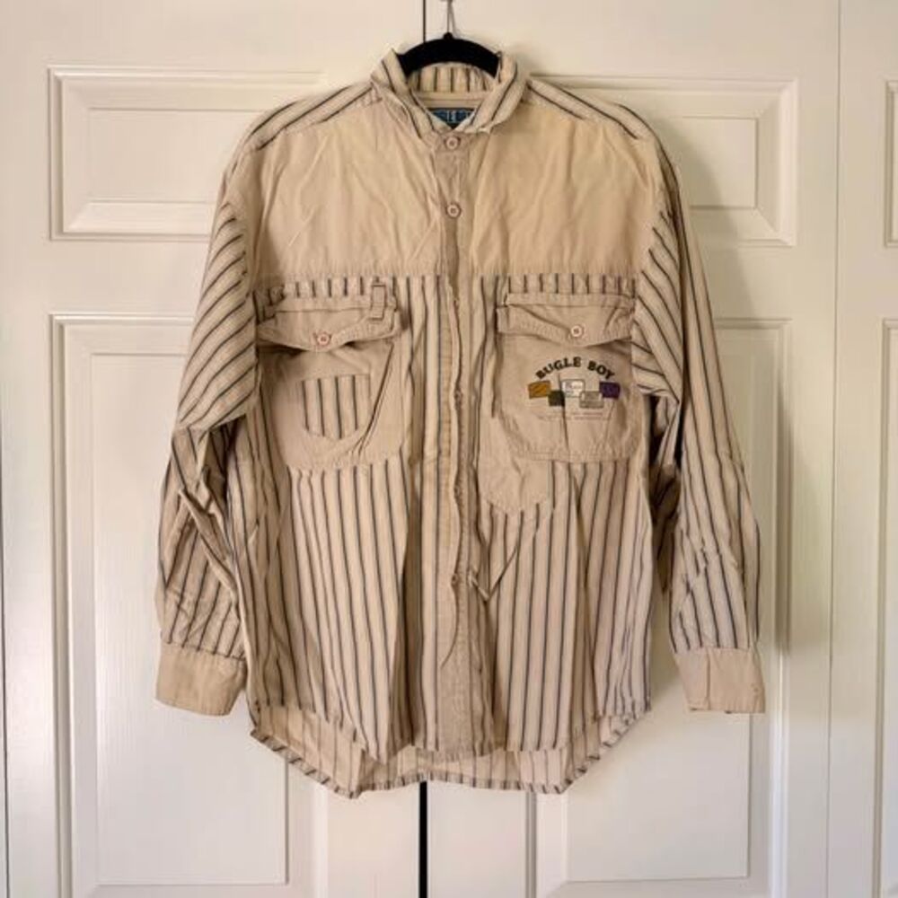 Vintage Bugle Boy Khaki Striped 100% Cotton Utility Shirt M